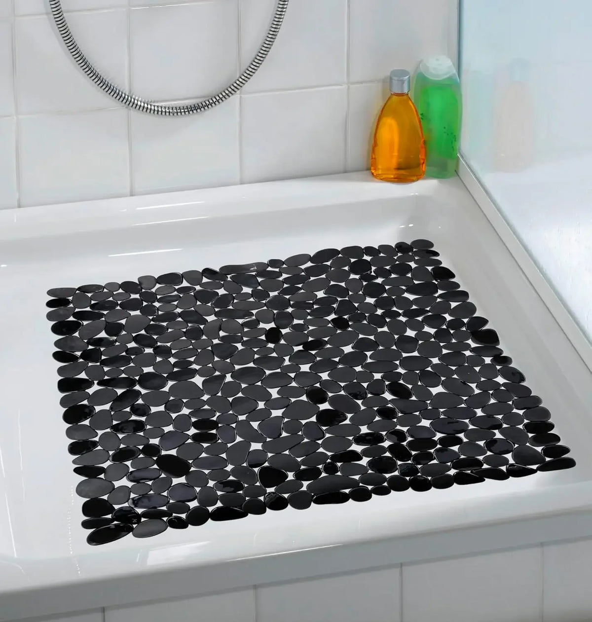 tapis douche antidérapant pvc noir géométrique moderne salle bain clips fixations
