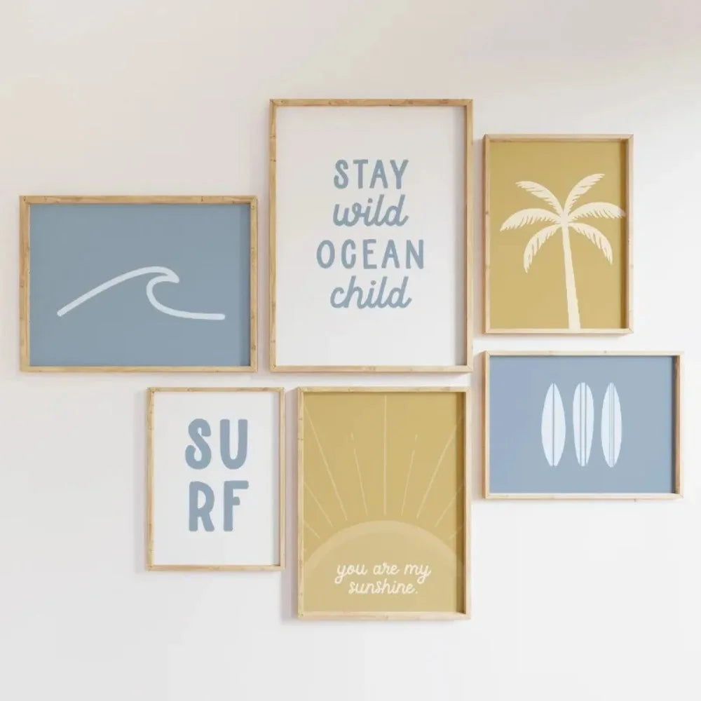affiche toile minimaliste surf palmier soleil blanche bleu clair moderne cadre bois chambre salon