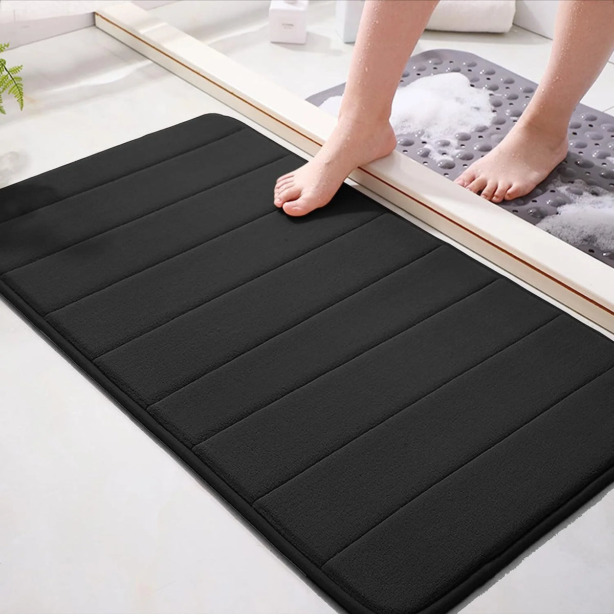tapis bain gris rayures moderne polyester absorption rapide