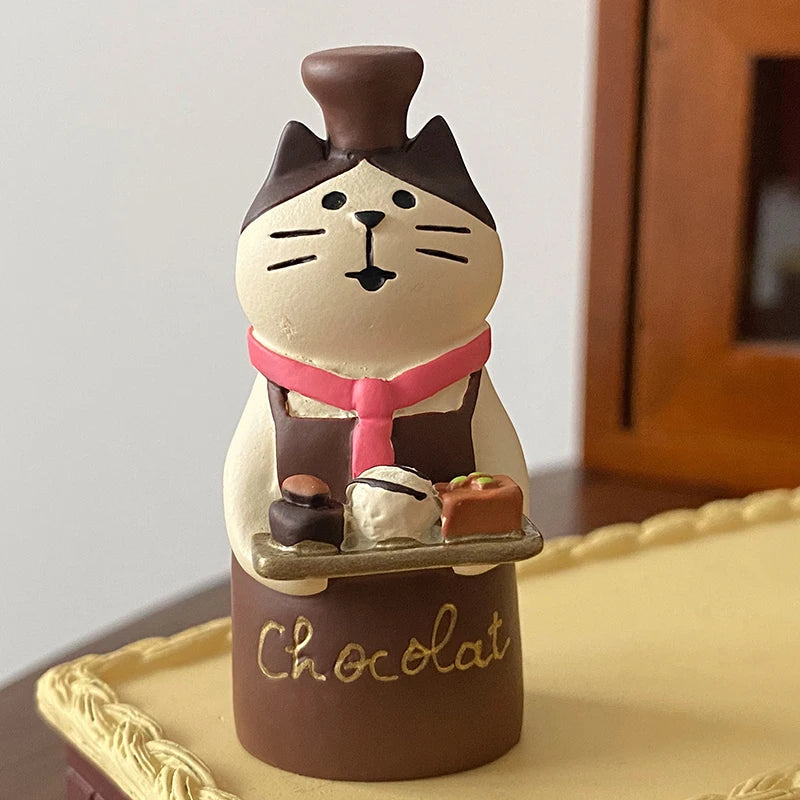 figurine animale kawaii résine blanc marron noir rose gris chapeau ruban bakery open chocolate