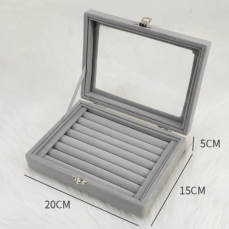 boîte bijoux velours transparent gris rose classique boutons pression rangement colliers bagues