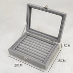 boîte bijoux velours transparent gris rose classique boutons pression rangement colliers bagues