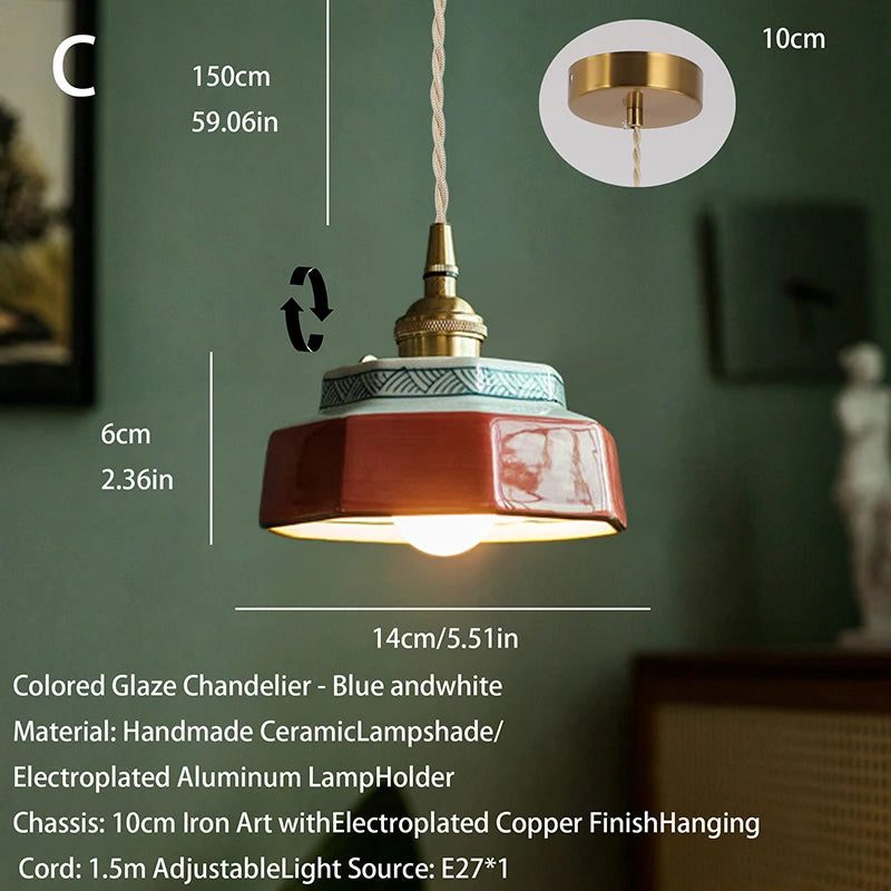 lumière suspendue vintage céramique rouge bleu blanc motifs géométriques éclairage salon chambre restaurant