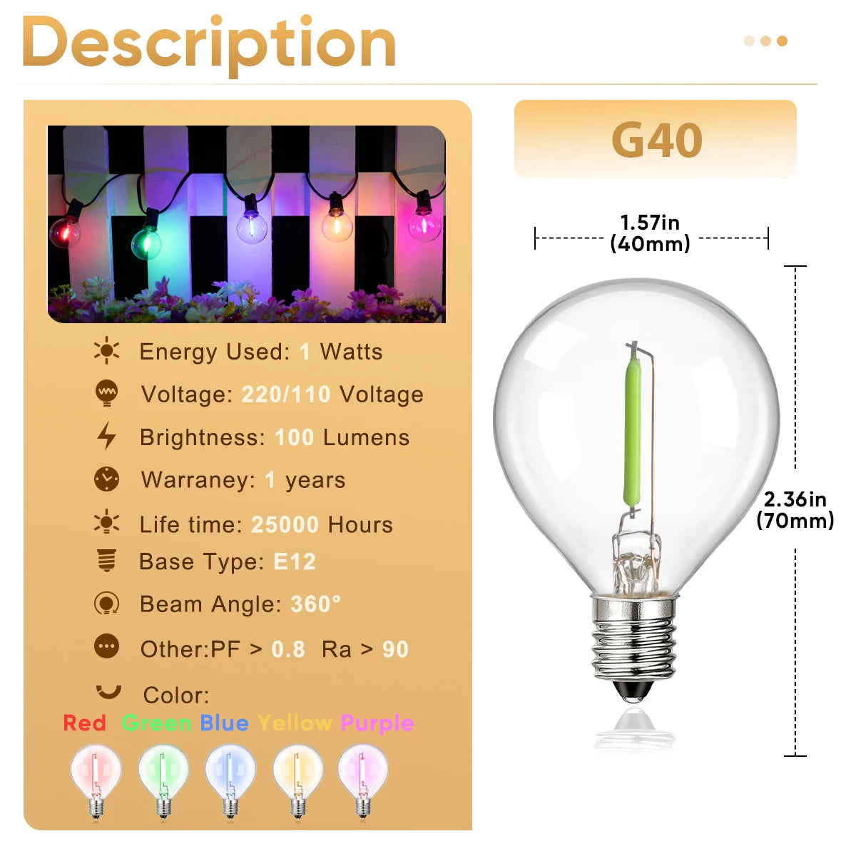 Ampoules LED multicolores G40 transparentes rouge jaune violet bleu vert extérieures E12 249 lumens