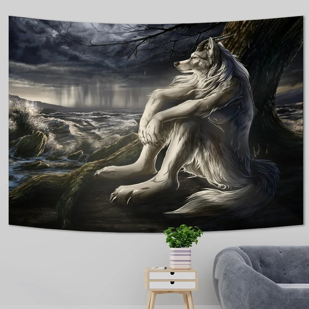 tapisserie loup blanc gris ethnique contemporain décoration murale chambre grande taille polyester