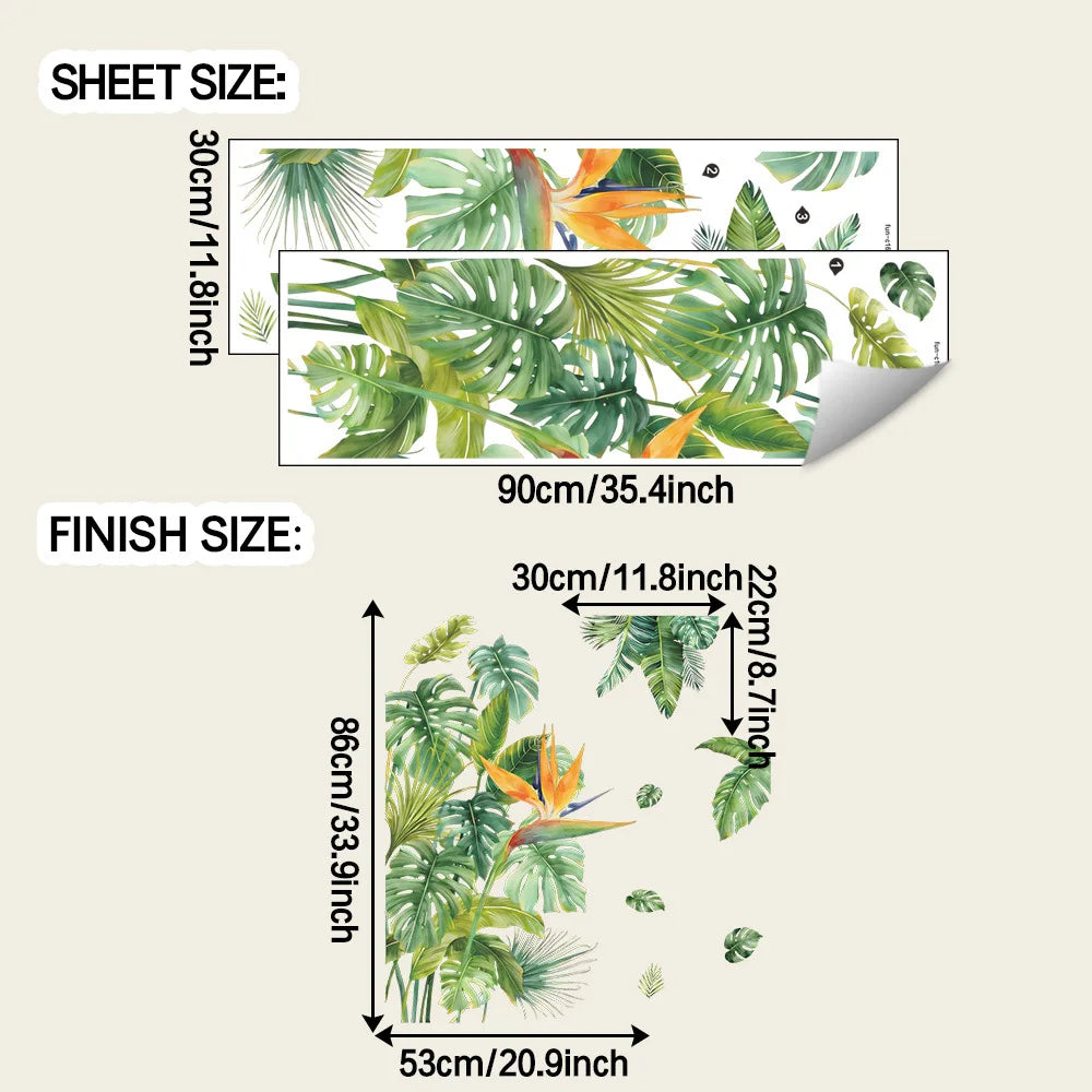 sticker mural tropical feuilles vertes oiseau exotique décoration salon autocollant waterproof adhésif self adhesive