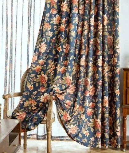 rideau fleur bleu marine classique fenêtre maison 100cm 213cm x5