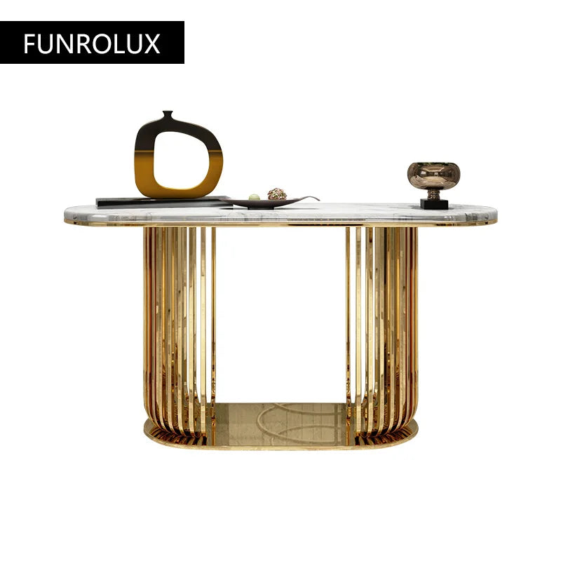 table console moderne blanche marbre doré structure métal élégante contemporain