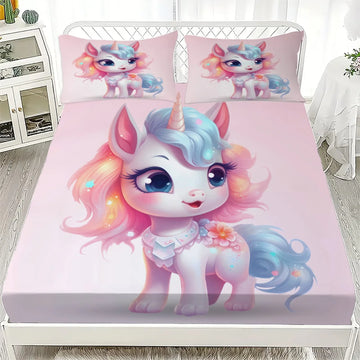 drap housse licorne mignonne imprimé rose bleu pastel coton polyester géométrique lit chambre