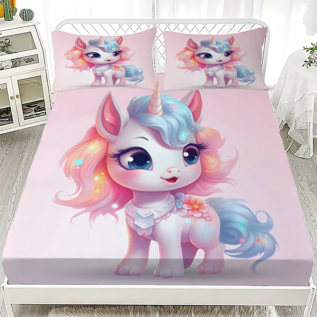 drap housse licorne mignonne imprimé rose bleu pastel coton polyester géométrique lit chambre