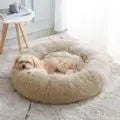 coussin peluche rond doux chat chien lit animal confortable beige gris vert