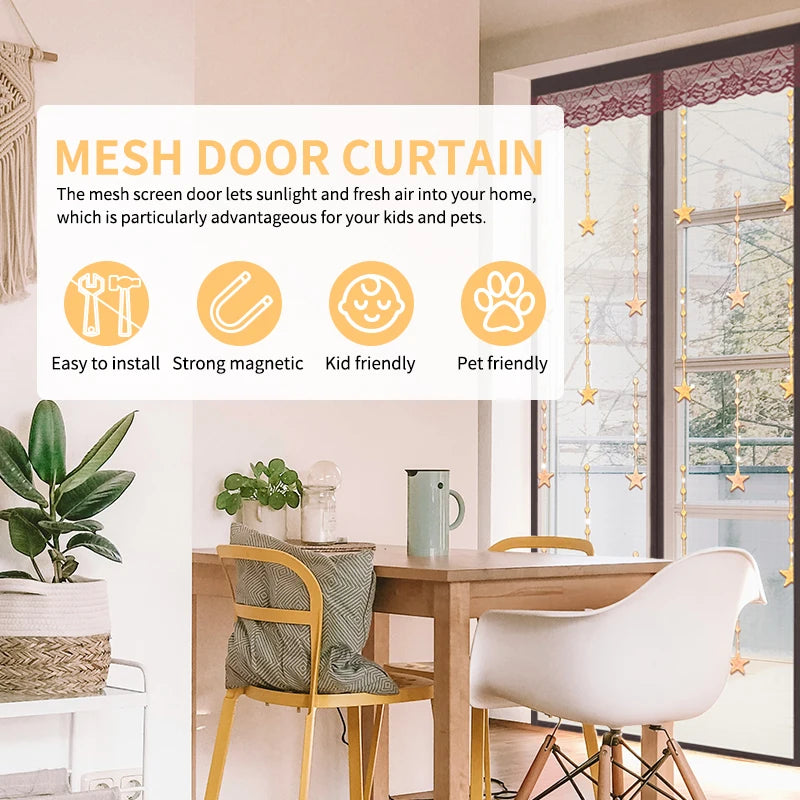 rideau moustiquaire porte magnétique adhésif marron beige rouge bordeaux dentelle étoiles carreaux