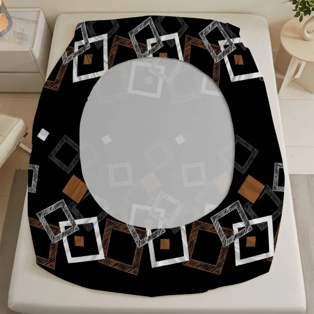 drap housse géométrique moderne noir blanc marron carrés superposés adhésif lit simple double queen