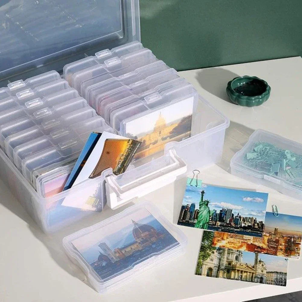 boîtes rangement photos transparentes couleurs variées clips pratiques modernes