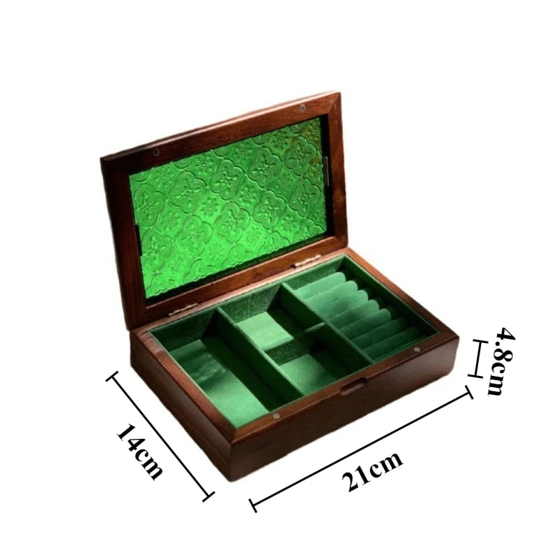 boîte bijoux bois vert vitre opaque motif floral poignée classique porte bijoux