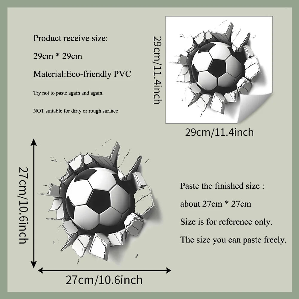 sticker mural 3d football fissures adhésif noir blanc decoration chambre enfant resistant eau 29cm
