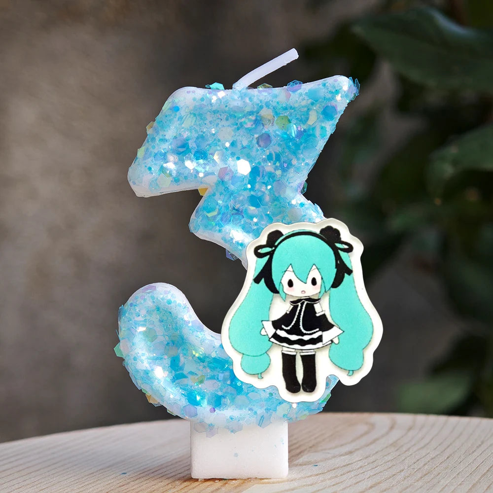 bougies anniversaire hatsune miku chiffres glitter bleu blanc décoratives anime personnalisées enfants adultes