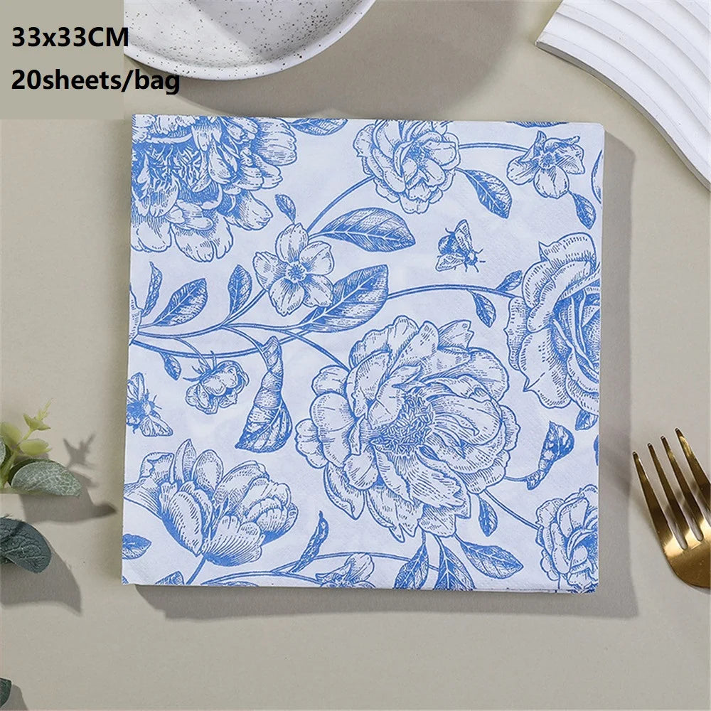 serviettes papier fleur oiseau géométrique bleu blanc classique vintage decoration fetes
