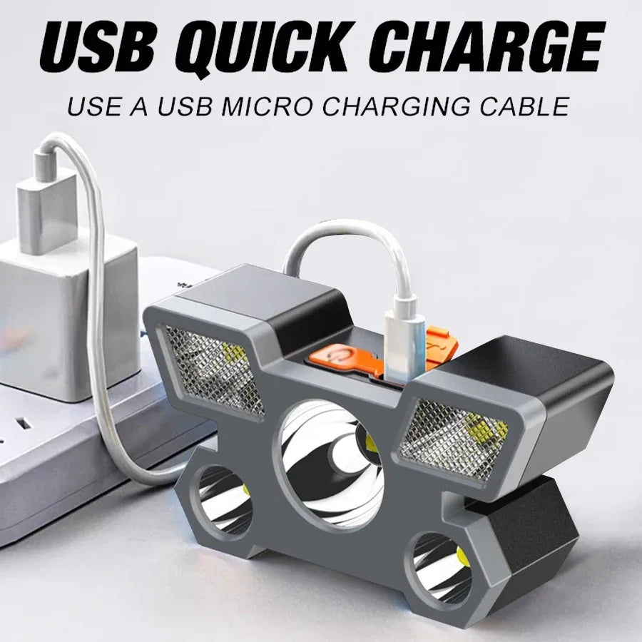 lampe frontale led noire orange rayées moderne ceinture recharge usb