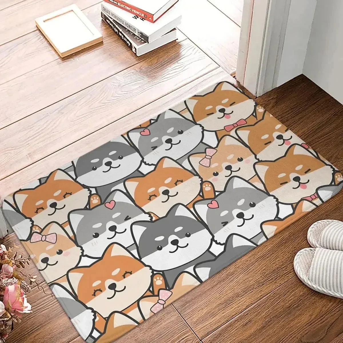 tapis sol dessin animé chien shiba inu corgi moderne extérieur beige marron rose pâle