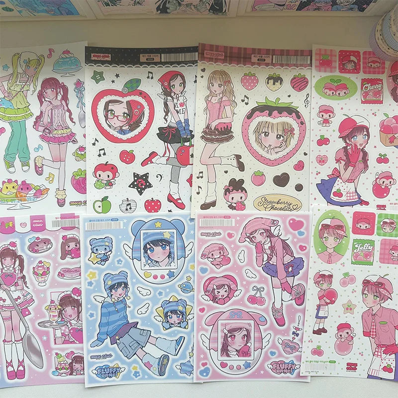 autocollants kawaii personnages dessins animés fruits coeurs notes musicales couleur rose blanc vert bleu