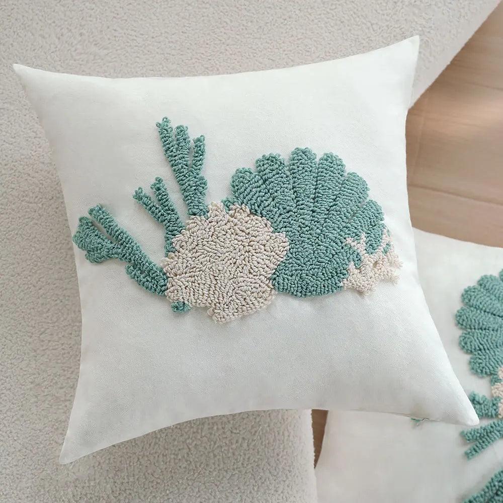 housse coussin carrée marin motif corail bleu 100% polyester blanc decoratif maison lit chaise
