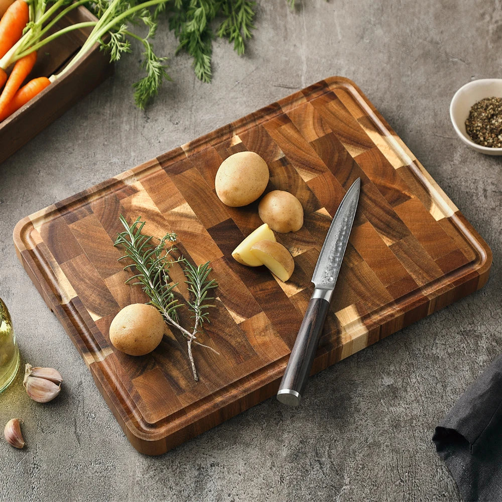 planches découper bois acacia couteaux légumes herbes rustique cuisine basaltique respectueux environnement