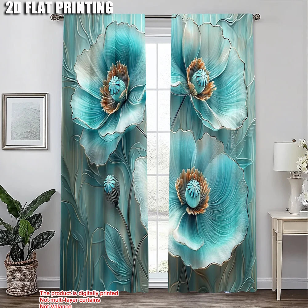 rideaux decoratifs deux panneaux polyester bleu turquoise motifs floraux modernes maison