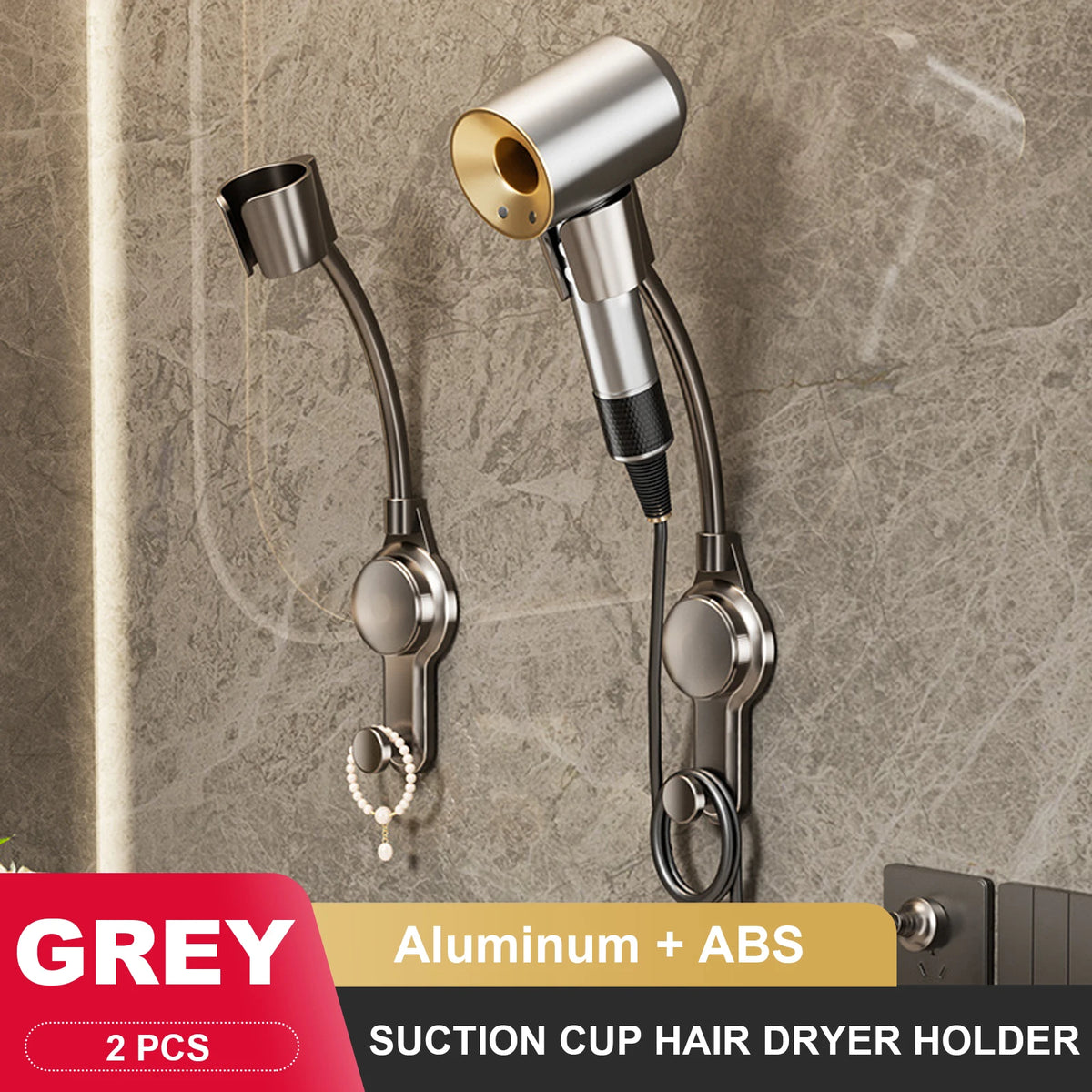 support mural sèche cheveux lisseur aluminium gris moderne épuré électroplaqué fixations salle bain