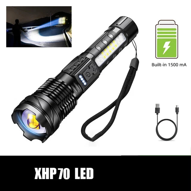 lampe torchon rechargeable 20w led noire texturée modes éclairage camping pêche