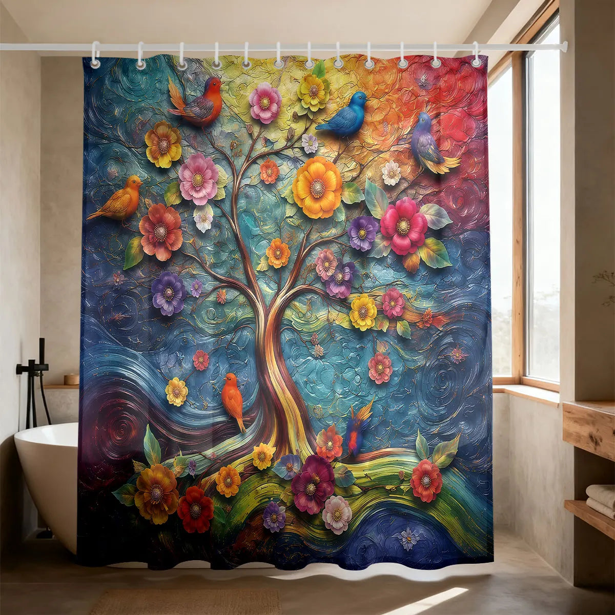 rideau douche arbor floral oiseaux couleurs vives opaques anneaux salle bain