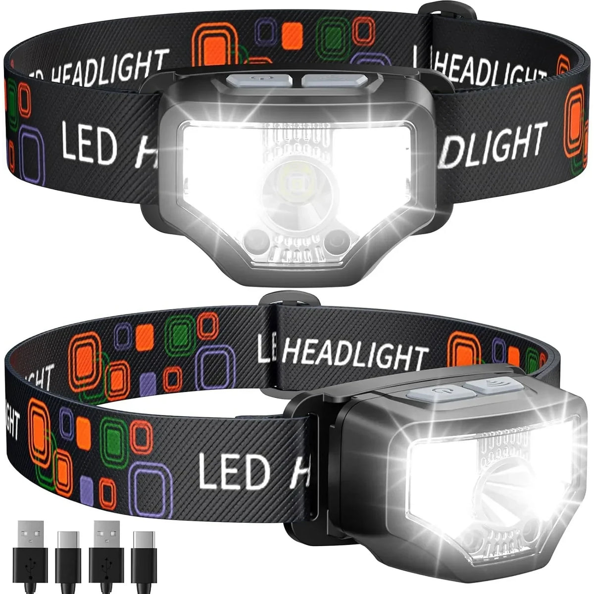 lampe frontale led rechargeable camping pêche course nuit mode géométrique multicolore noir blanc gris