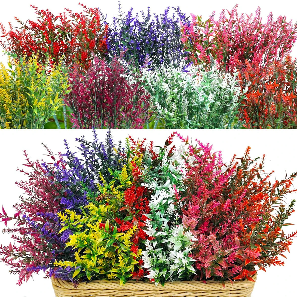 bouquets artificiels modernes feuilles fleurs decoration exterieure couleurs vives rouge violet blanc jaune vert
