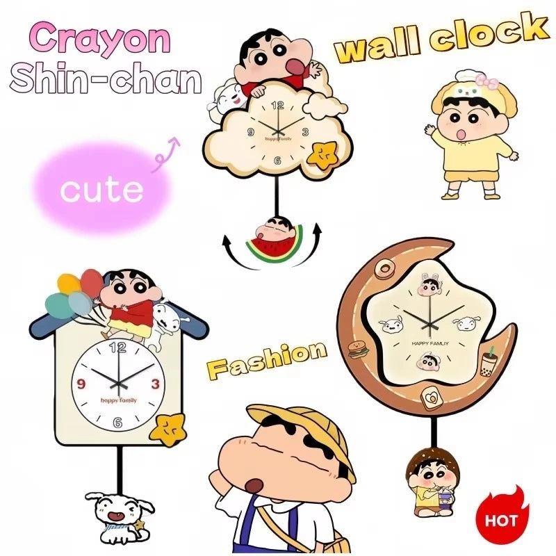 horloge murale crayon shin chan dessins animés moderne happy family personnages animaux motifs floraux