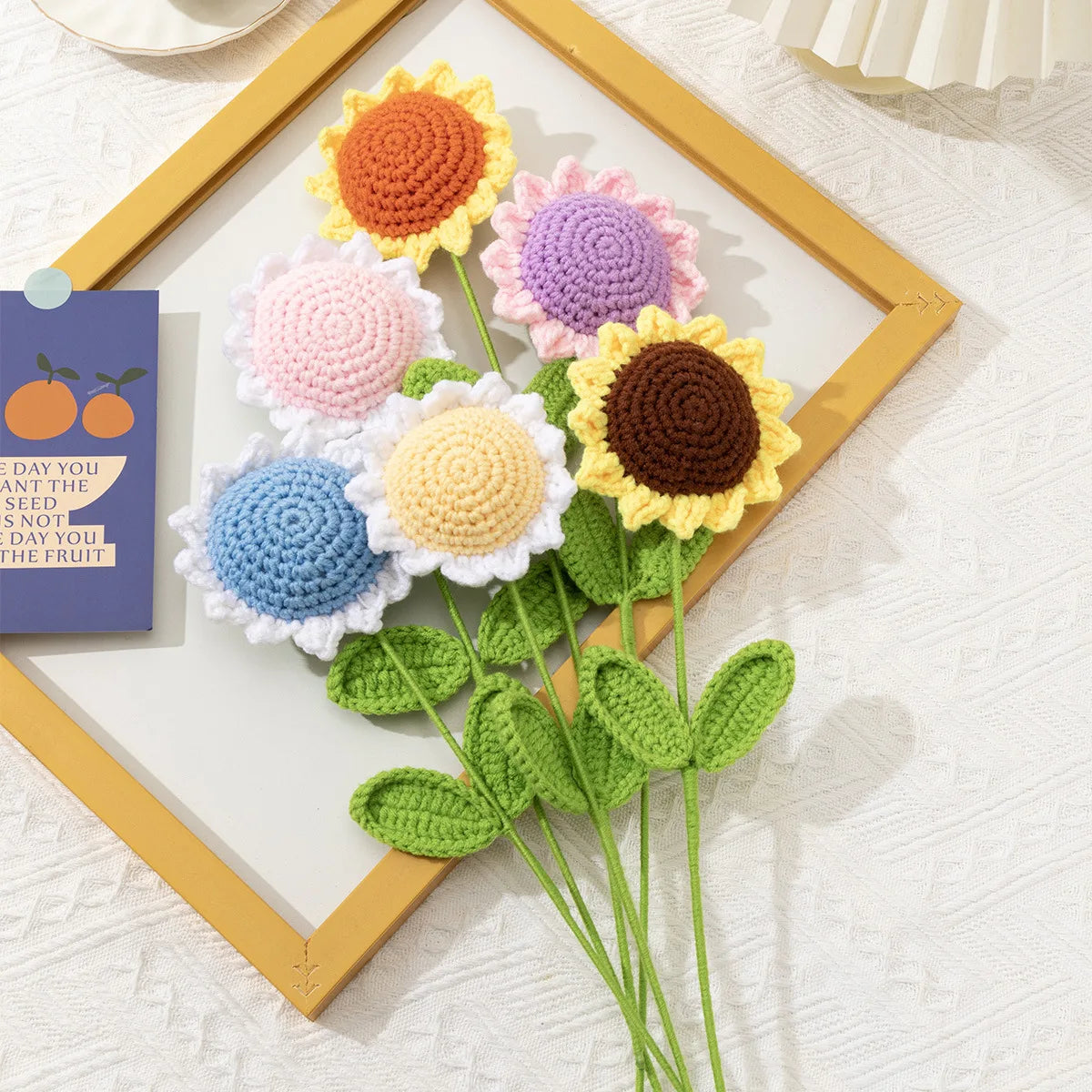 fleurs artificielles tricotées tournesols orange rose violet bleu clair bébé mariage décoration intérieure anniversaire