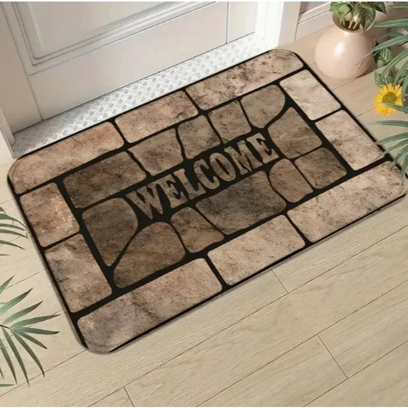 tapis d'entrée moderne marron beige texture pierre lettrage welcome résistant rides