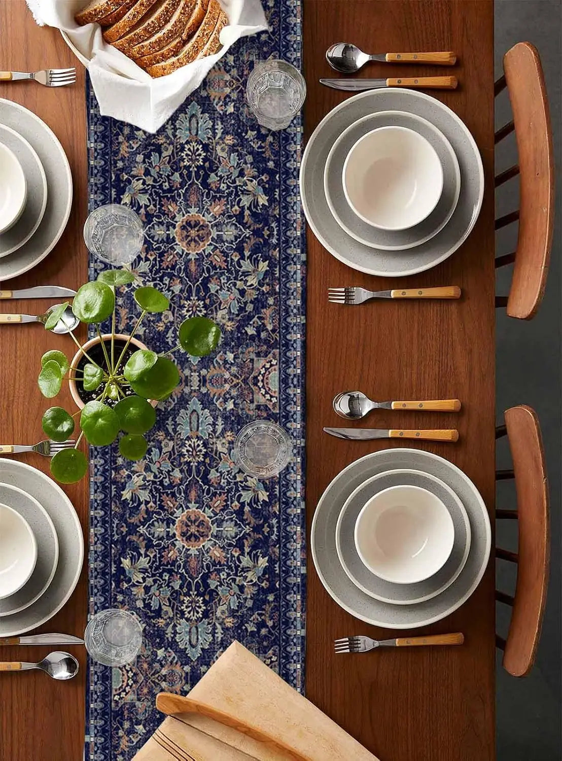 chambranle table lin floral bleu marine beige vert marron classique traditionnel