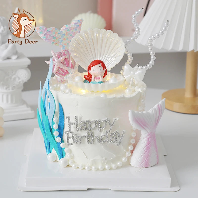 figurine sirène poisson coquillage gâteau anniversaire thème sous marin décoratif happy birthday