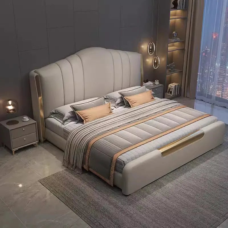 lit double moderne tête lit rembourrée matelas coussins tapis tabourets