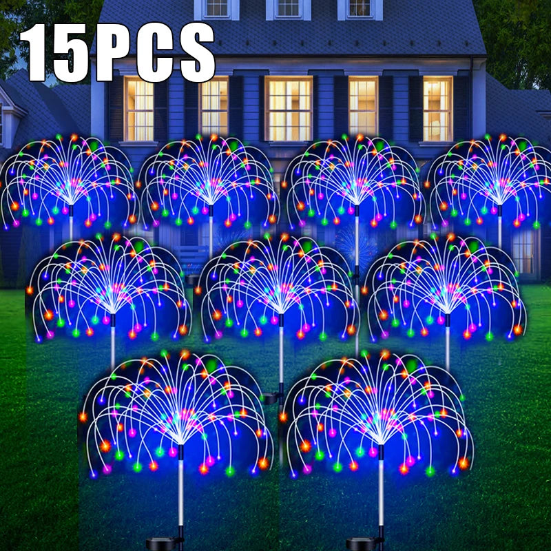 décorations lumineuses jardin feux d'artifice multicolores moderne extérieures solaires led piquets métalliques fixations