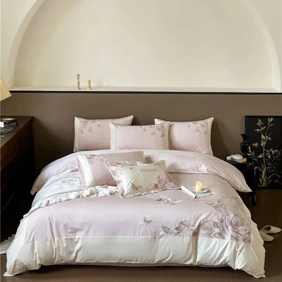 Parure de lit 4 pièces en coton égyptien brodé fleurs chic vue d'ensemble