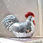 statue coq miroirs argentée rouge décoration festive anniversaire intérieur scintillante mosaïque dimension 17cm 13.5cm