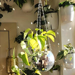 cache pot suspendu miroir moderne mosaïque petits miroirs chaînes argentées plante verte intérieur extérieur