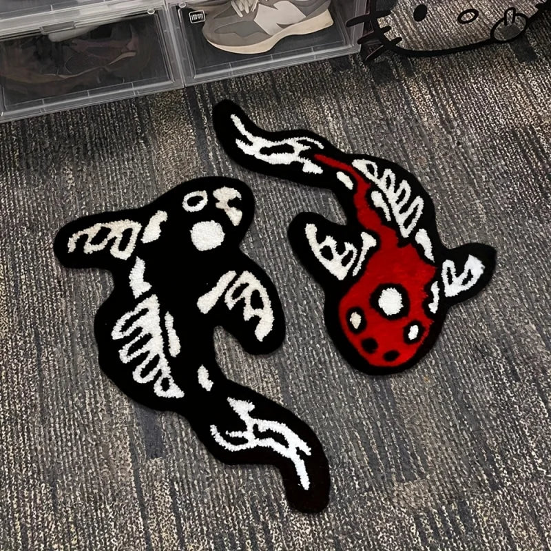 tapis moderne graphique pois squelette noir blanc rouge antidérapant intérieur extérieur chambre salon