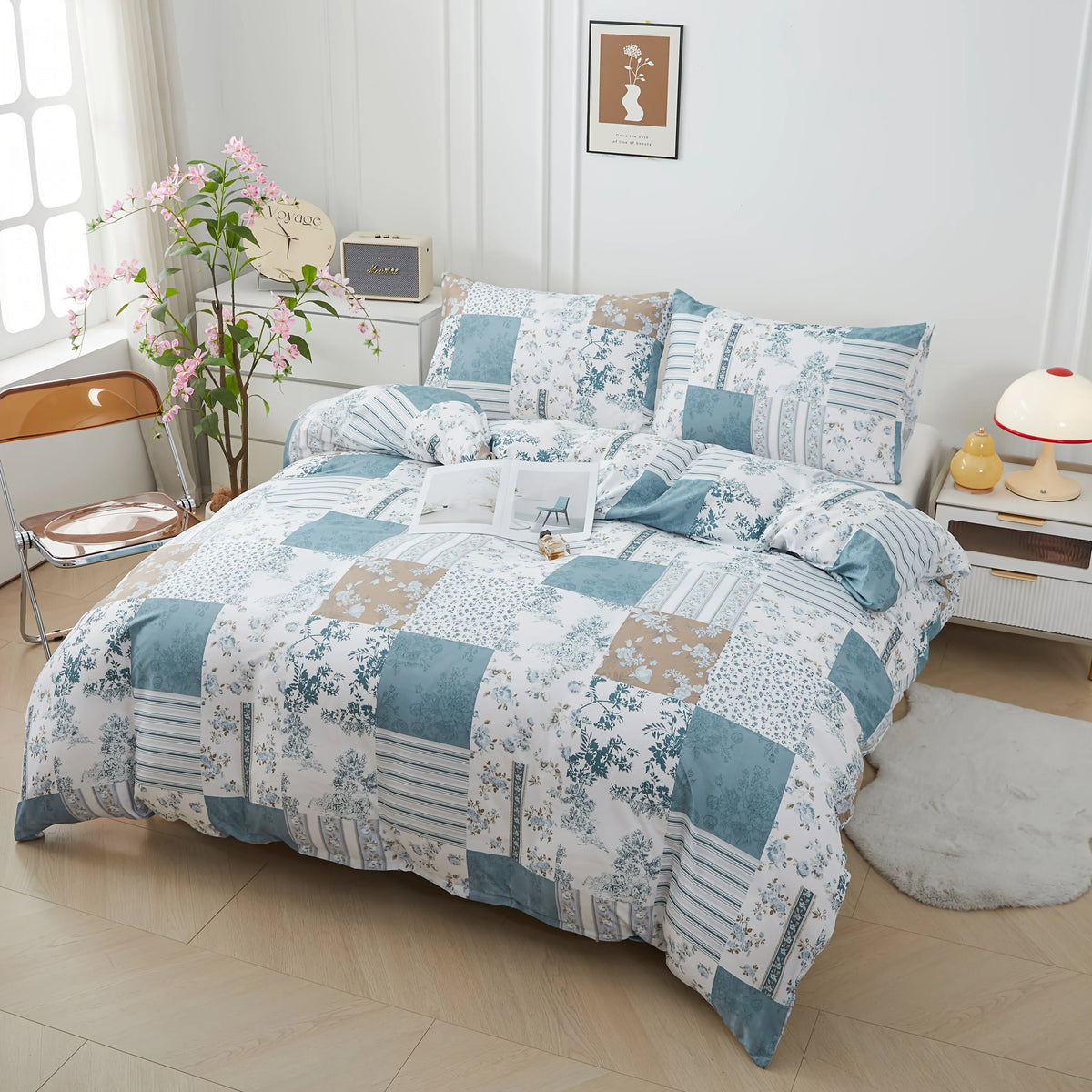 ensemble literie bleu patchwork moderne oreillers taies d'oreiller drap plat polyester brossé impression 3d