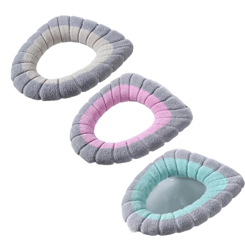 couvre siege toilette gris rose vert rayures horizontales doux confortable adhésif peluche coton