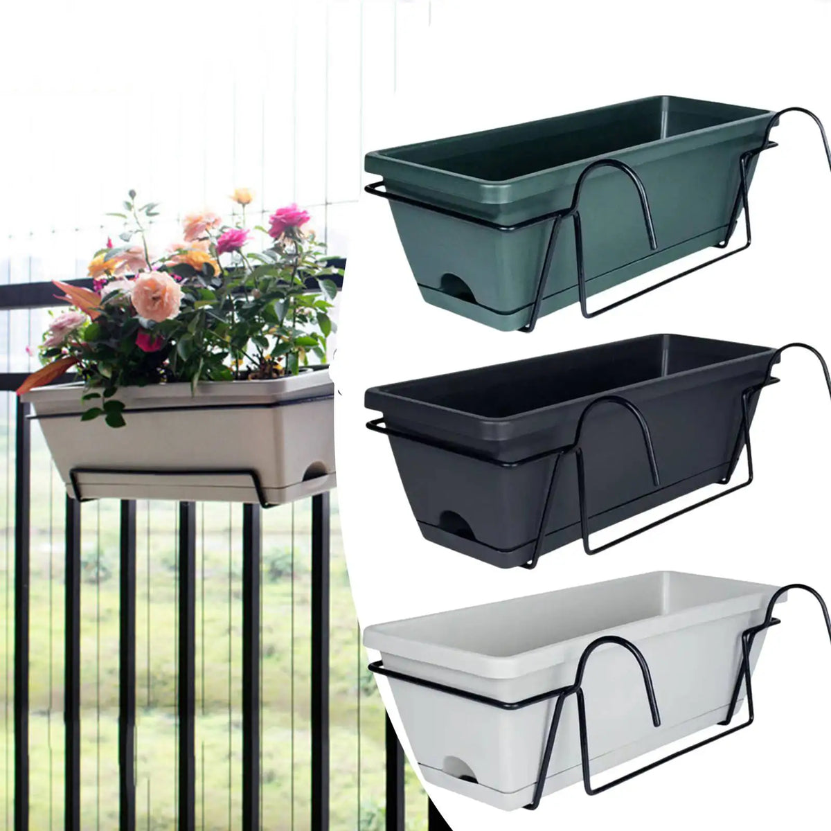 Jardinière balcon suspendue gris clair avec plante