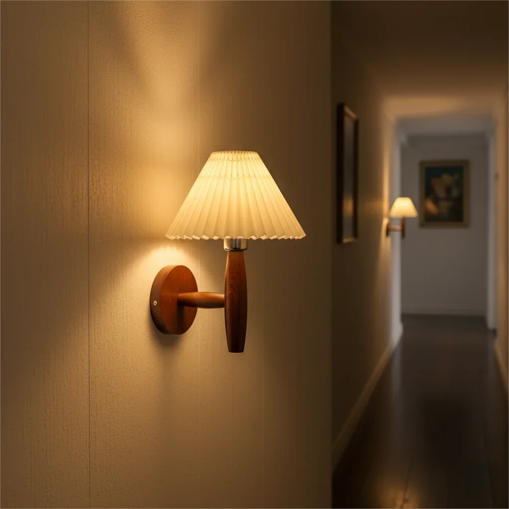 lampes murales bois clair abatjour plissé éclairage quotidien scandinave rustique chaleureux fixées mur plaque