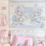 tapisserie ange ours peluche fleurs nuages bleu blanc rose décoration chambre enfant polyester coton