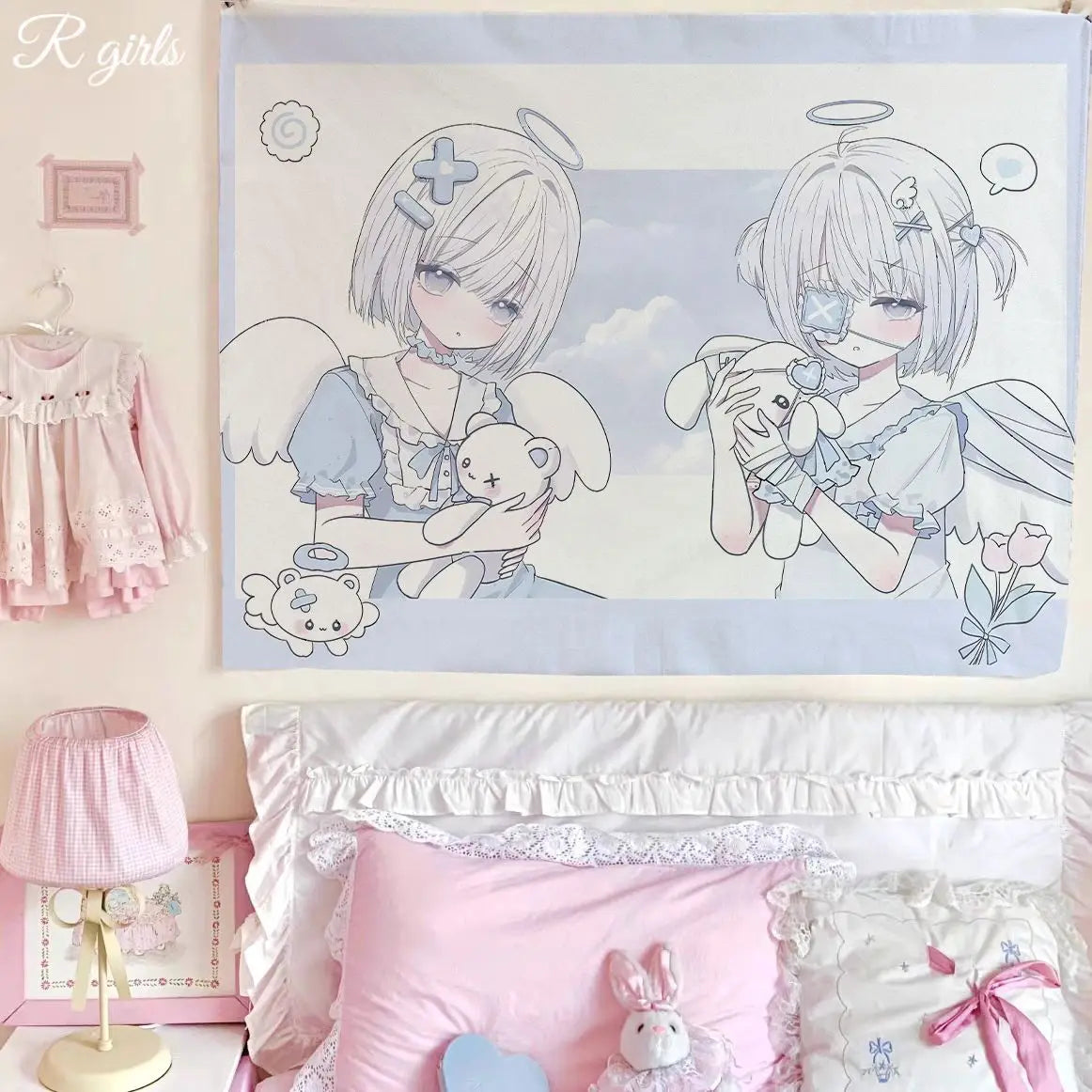 tapisserie ange ours peluche fleurs nuages bleu blanc rose décoration chambre enfant polyester coton